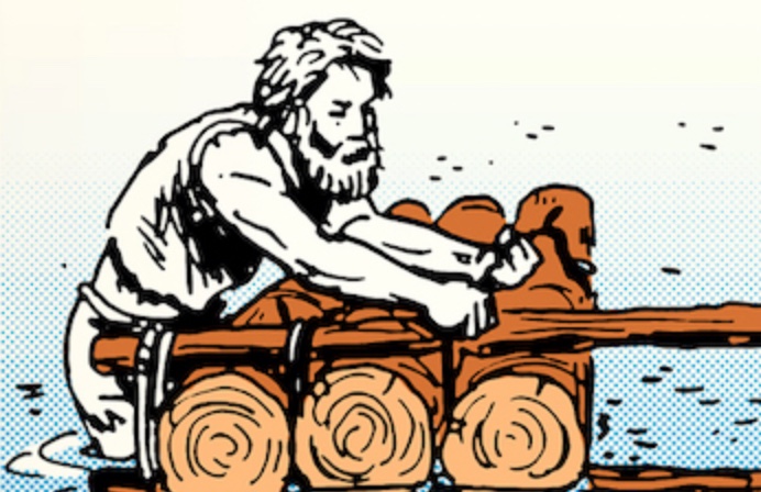An illustration of a man building a log raft.