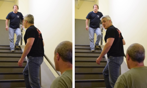 Two images of a man descending a stairway.