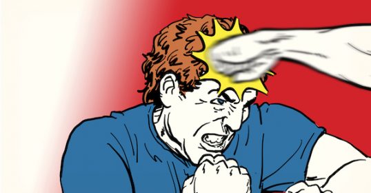 A cartoon illustration of one man punching another, showing the impact of taking a punch.