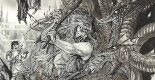 A black and white drawing of a man and a dragon exudes masculinity.
