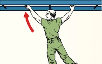 Learn how to do pull-ups like a pro with this illustration of a man hanging from a ceiling.