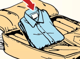 An illustration of a suitcase with a dress shirt neatly folded inside.