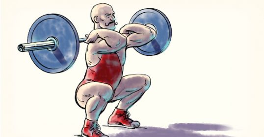 An illustration of a man demonstrating a front squat with a barbell.