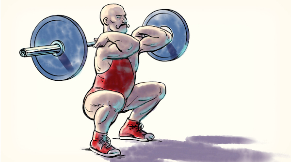 An illustration of a man demonstrating a front squat with a barbell.
