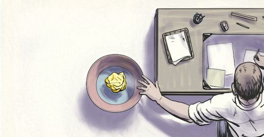 An illustration of a man sitting at a desk with a plate in front of him, questioning.