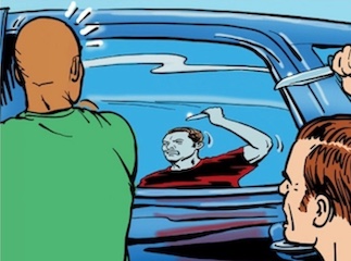 A cartoon of a man in a car with a knife in his hand. Look Behind You for safety.