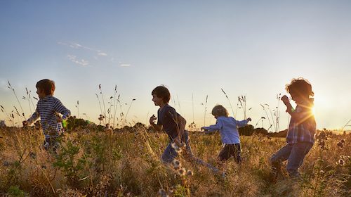 A group of children playing in a field at sunset.