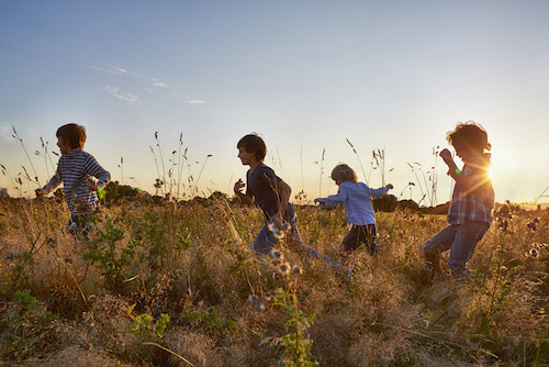 A group of children playing in a field at sunset.
