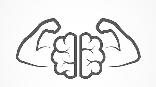 A black and white illustration of a human brain and biceps, showcasing cognitive dominance.