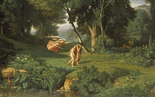 A painting of a woman and a man in a wooded area during Sunday firesides.