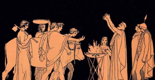 An artistic depiction of a group gathered around a fire.