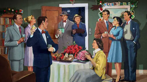 A painting of people at a late christmas party.