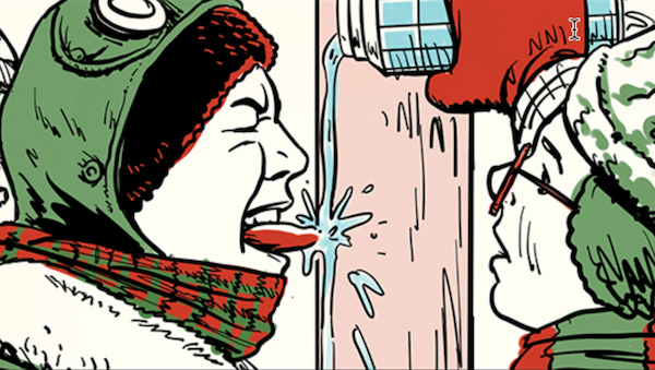 A cartoon of two people talking to each other, one person's tongue is stuck on a flagpole.