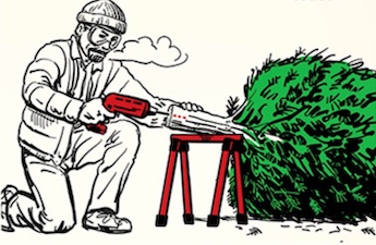 A cartoon of a man cutting down a Christmas tree.