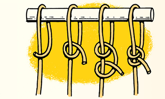 An illustrated drawing of a rope with essential knots.