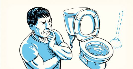 An illustration of a man standing next to a toilet with a plunger in hand.