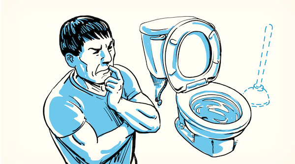 An illustration of a man standing next to a toilet with a plunger in hand.