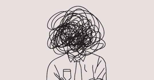 A drawing of a man with a messy head, showcasing the effects of burnout.