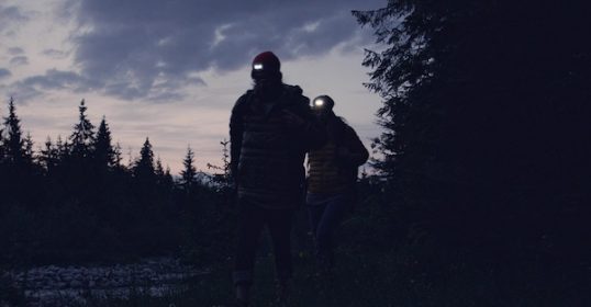 Two people walking in the dark woods at dusk.