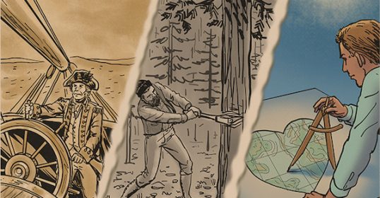 A series of illustrations depicting a man working with a compass in his last great conquest.