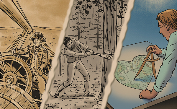 A series of illustrations depicting a man working with a compass in his last great conquest.