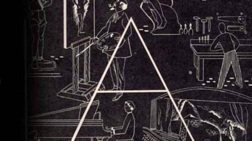 A black and white drawing of a pyramid with people in it.