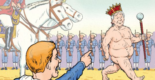 A cartoon of a naked man pointing to a man on a horse, highlighting his bad habits.