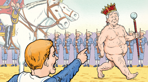 A cartoon of a naked man pointing to a man on a horse, highlighting his bad habits.