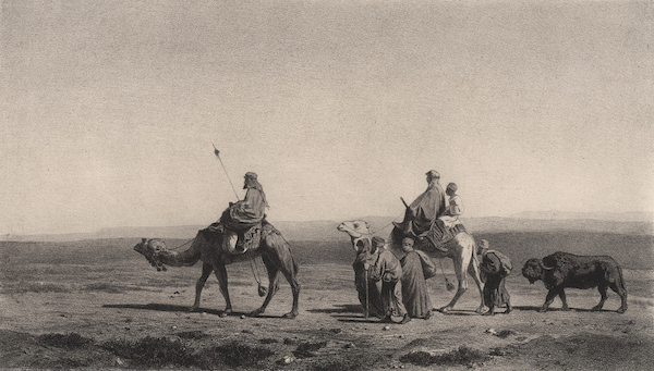 A black and white photo of men on camels during a Sunday Fireside.