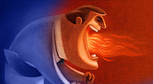 A cartoon of a man with fire coming out of his mouth, showcasing his anger.