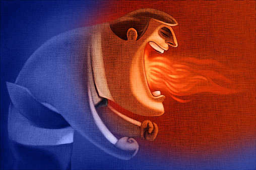 A cartoon of a man with fire coming out of his mouth, showcasing his anger.