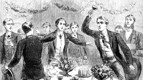 A black and white drawing of men at a dinner table, podcast.