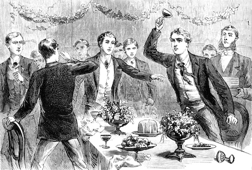 A black and white drawing of men at a dinner table, podcast.