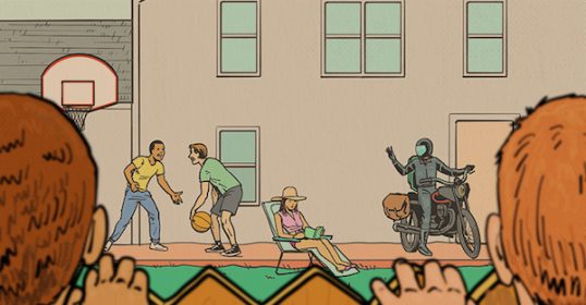 A cartoon illustration of a group of people watching a basketball game on Sunday Firesides.