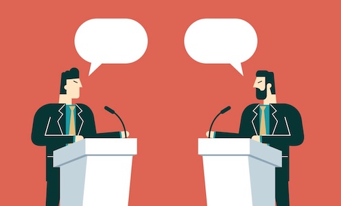 Two businessmen standing at podiums with speech bubbles, delivering a good argument.