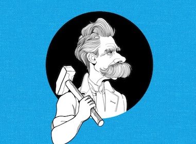 A man with a mustache joyfully holding a hammer on a blue background.
