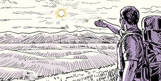 Hiker pointing towards the horizon over rolling hills, using the remaining sunlight to guide the way.