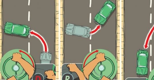 A cartoon car performing a three-point turn on the road.