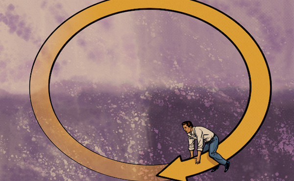 Illustration of a man walking around a circle, symbolizing the idea of coming back around.