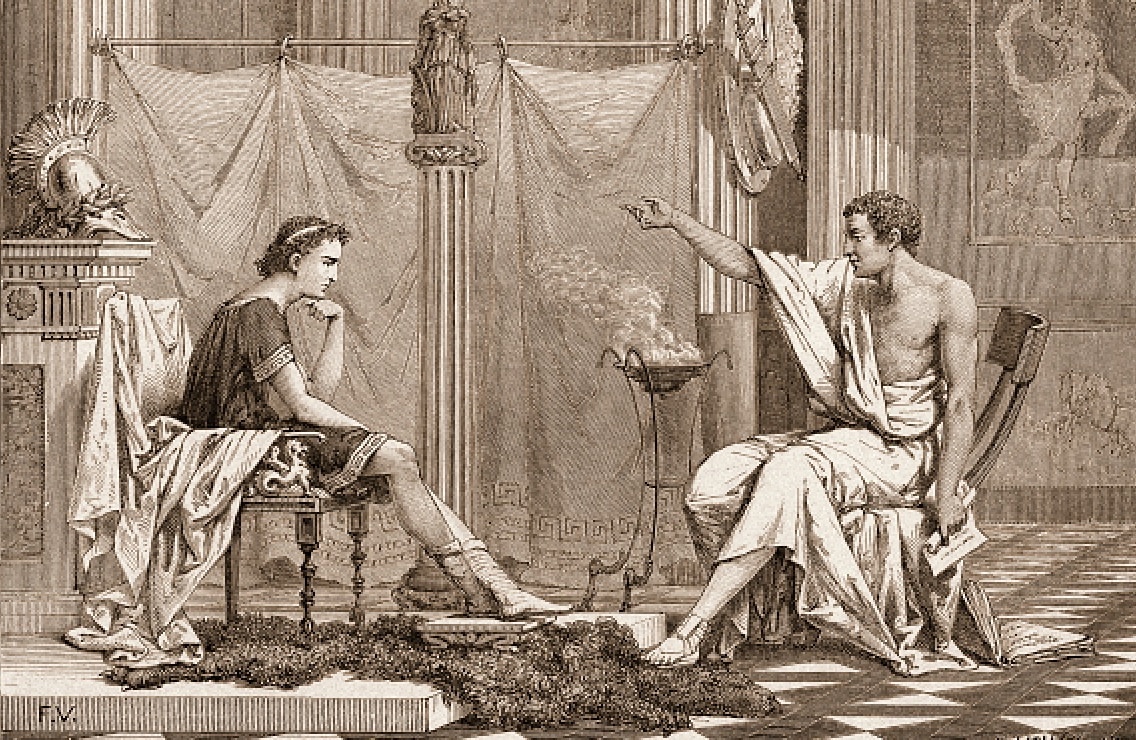 An old drawing of a man teaching a woman.