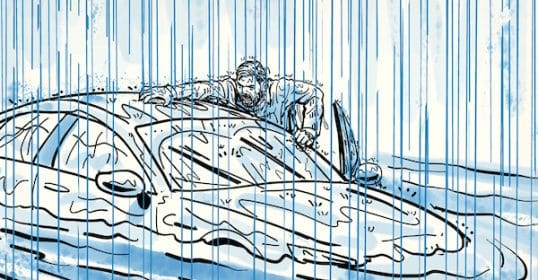A drawing of a man in a car in the rain, trying to survive.