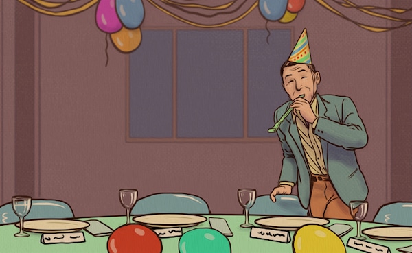 A man at a table with balloons in a cartoon.
