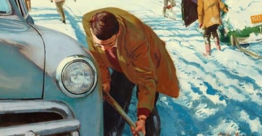 A painting of a man shoveling snow in a winter scene.