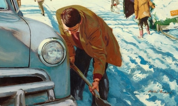 A painting of a man shoveling snow in a winter scene.