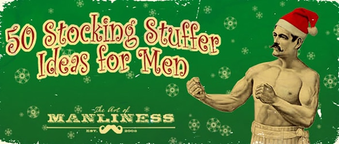 Vintage-style advertisement with a shirtless man in a santa hat promoting "50 stocking stuffers for men.