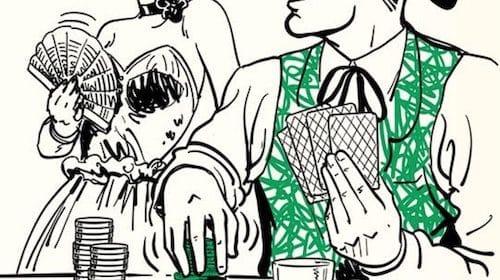 Illustration of people at a gambling table, one holding cards and another shuffling poker chips.
