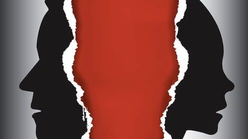 Silhouetted profiles facing each other with a torn divide between them, symbolizing the aftermath of infidelity.