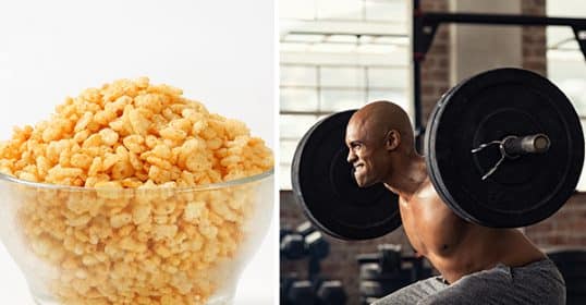 A bowl of rice crispy cereal on the left and a muscular man squatting with a heavy barbell on the right, as his knees crackle under the weight.