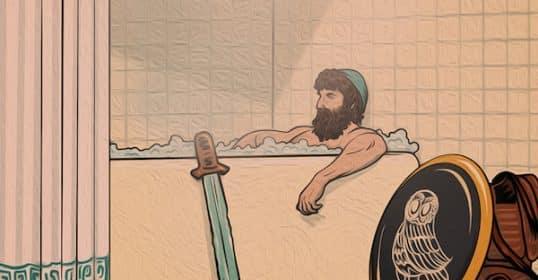 An illustrated bearded man in a cap relaxing in a Homeric bath with a sword and shield nearby.