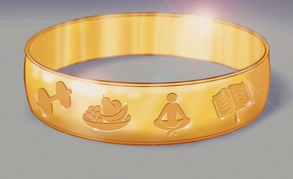 Golden bracelet with embossed symbols of health, abundance, peace, and knowledge, perfect for Sunday Firesides.